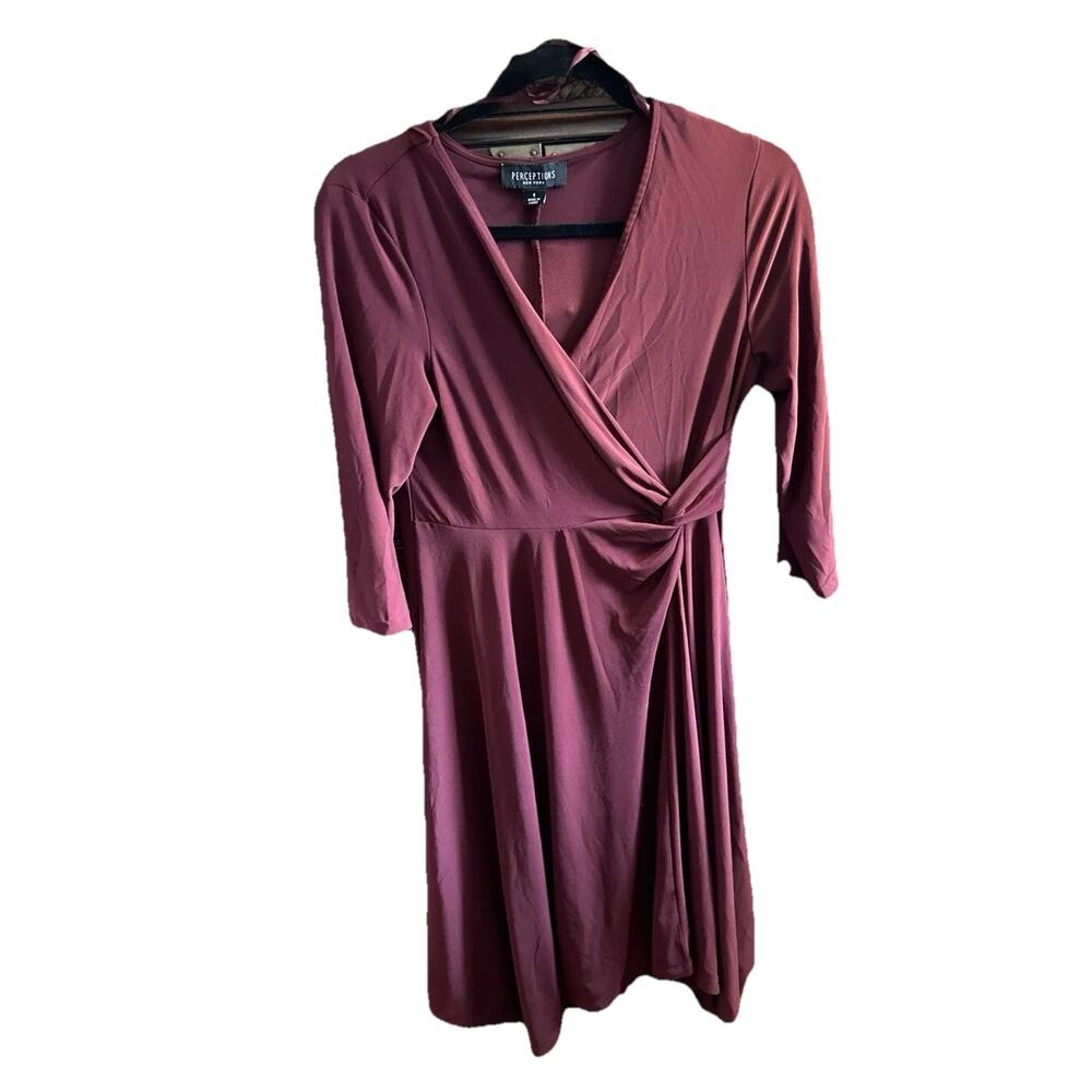 Perceptions Women’s Dress Faux Wrap‎ Maroon Red Knit 3/4 Sleeve S